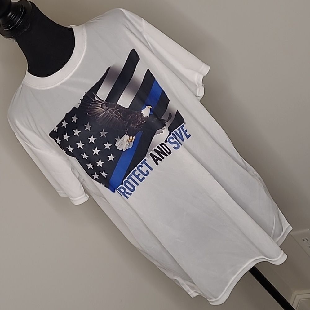 White poly spandex t-shirt with Protect and Serve graphics